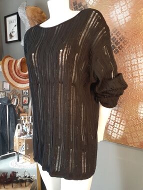 Zara Nwot Cotton Blend Sheer Black Open Work Drop Stitch Knit Tunic Sweater